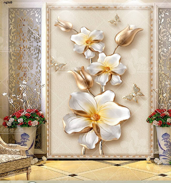 Gạch men ốp tường 3D nhành hoa trắng 