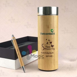 Ly giữ nhiệt vỏ tre in logo Vietcombank quà tặng 8.3